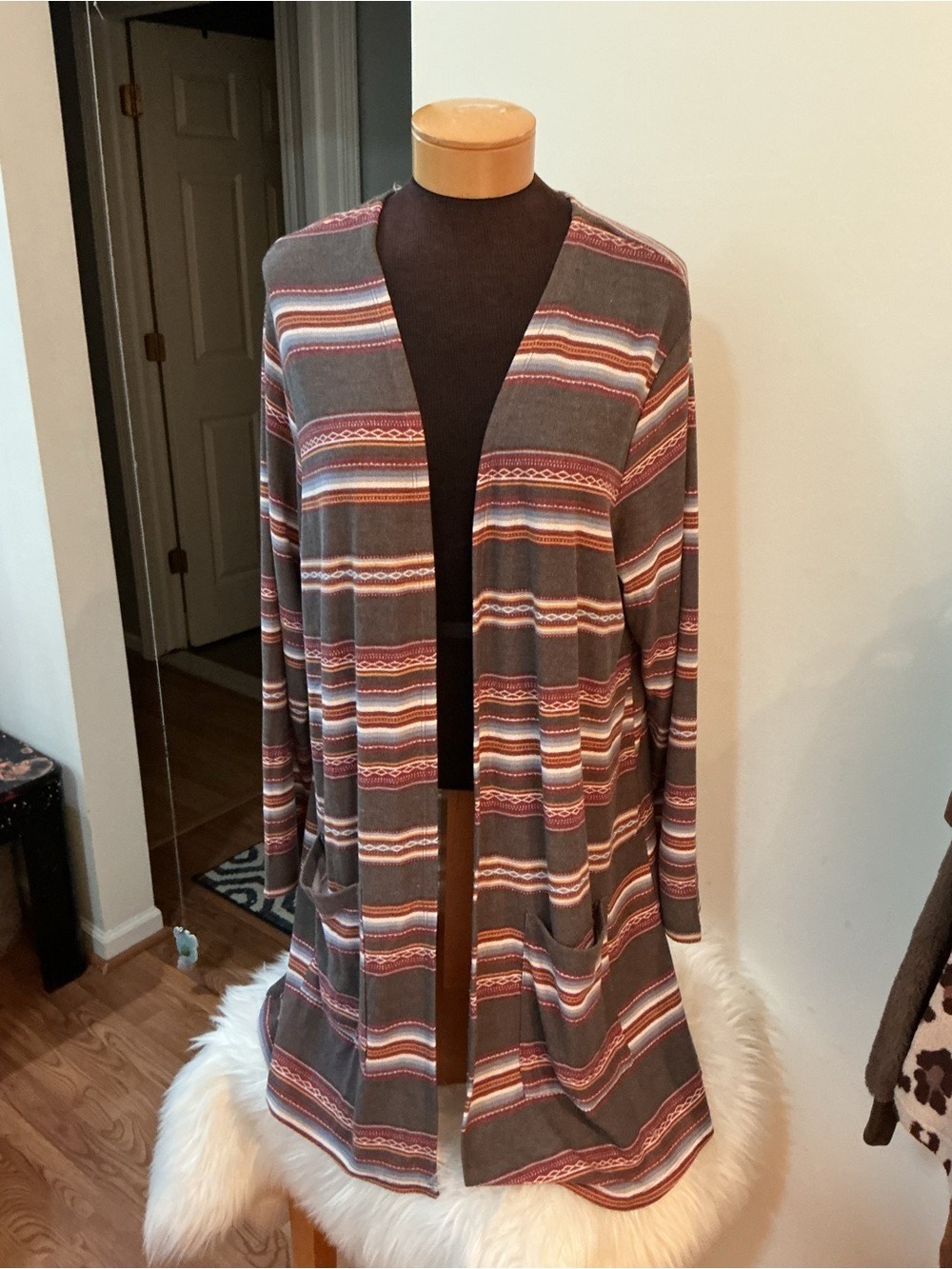 Wallflower 2X Open Front Striped Cardigan Duster Boho Lightweight Pocket Sweater - Picture 2 of 14